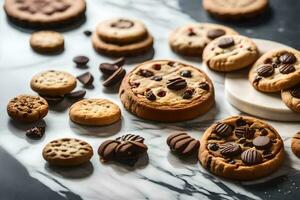 un variedad de galletas y chocolate papas fritas en un mármol encimera. generado por ai foto