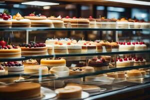 many different types of cakes are on display in a glass case. AI-Generated photo