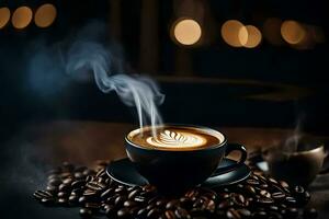 a cup of coffee is steaming on a table with coffee beans. AI-Generated photo