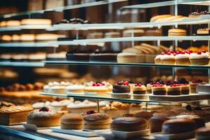 many different types of cakes are on display in a bakery. AI-Generated photo