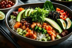 a bowl of sushi with rice, salmon, avocado and other vegetables. AI-Generated photo