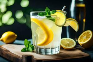 a glass of lemonade with mint leaves and lemons. AI-Generated photo