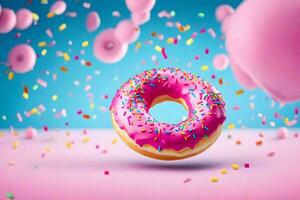 a donut with sprinkles on a pink background. AI-Generated photo