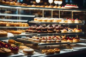 many different types of pastries are on display in a glass case. AI-Generated photo