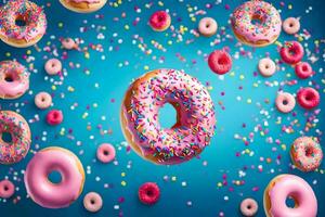 donuts flying in the air with sprinkles. AI-Generated photo