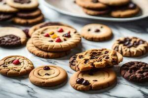 a bunch of cookies on a marble counter. AI-Generated photo