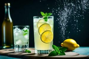 lemonade in a glass with ice and lemon slices. AI-Generated photo
