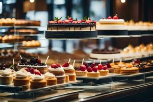 many different types of cakes are on display in a bakery. AI-Generated photo