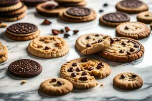 chocolate chip galletas y oreos en un mármol encimera. generado por ai foto