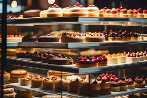 many different types of cakes are on display in a bakery. AI-Generated photo