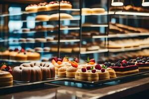 many different types of pastries are on display in a bakery. AI-Generated photo