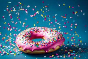 a pink doughnut with sprinkles on a blue background. AI-Generated photo