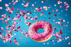 a pink donut with sprinkles on a blue background. AI-Generated photo