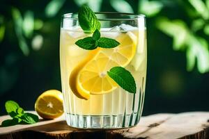 a glass of lemonade with mint leaves on a wooden table. AI-Generated photo