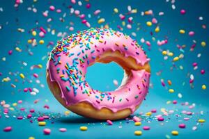 a pink donut with sprinkles on a blue background. AI-Generated photo