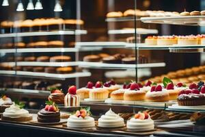 many different types of cakes are on display in a bakery. AI-Generated photo