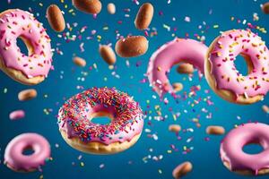 donuts flying in the air with sprinkles. AI-Generated photo