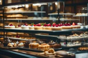 a bakery display case with various pastries. AI-Generated photo