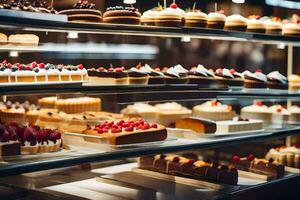 many different types of cakes are on display in a bakery. AI-Generated photo