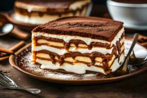 a slice of tiramisu on a plate. AI-Generated photo