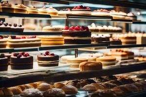 many different types of cakes are on display in a bakery. AI-Generated photo