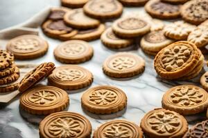 un variedad de galletas son arreglado en un mesa. generado por ai foto