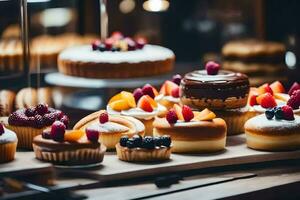 a selection of cakes and pastries on display in a bakery. AI-Generated photo