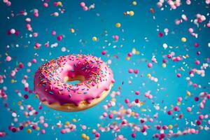 a donut with sprinkles on a blue background. AI-Generated photo