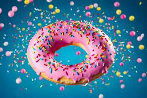 a pink donut with sprinkles on a blue background. AI-Generated photo