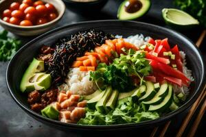 a bowl of sushi with rice, avocado, and other vegetables. AI-Generated photo