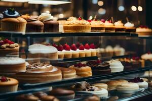 many different types of cakes are on display in a glass case. AI-Generated photo