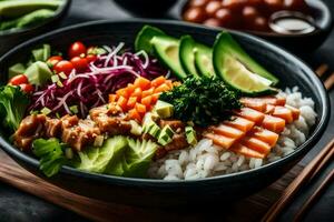 a bowl of sushi with rice, vegetables and other ingredients. AI-Generated photo