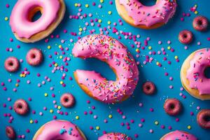 pink donuts on a blue background. AI-Generated photo