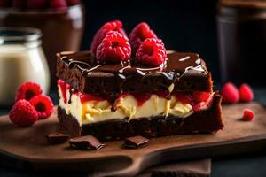 chocolate cake with raspberries and cream on a wooden board. AI-Generated photo