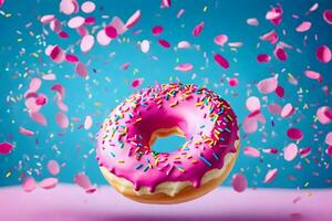 a pink donut with sprinkles on a blue background. AI-Generated photo