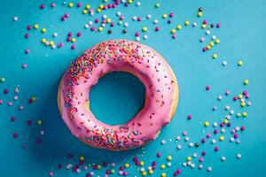 a pink doughnut with sprinkles on a blue background. AI-Generated photo