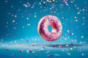 a donut with sprinkles on a blue background. AI-Generated photo