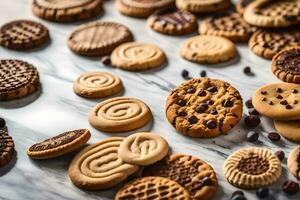 various cookies and biscuits on a marble surface. AI-Generated photo
