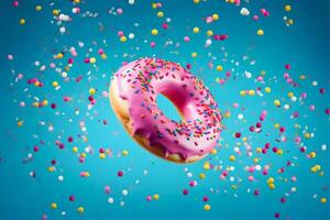 donut with sprinkles on blue background. AI-Generated photo