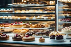 a bakery display case with many different types of pastries. AI-Generated photo