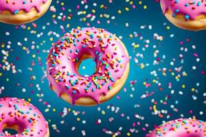 donuts with pink frosting and sprinkles on a blue background. AI-Generated photo