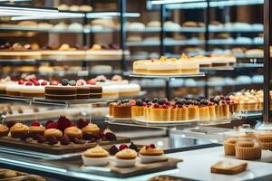 a bakery display case with many different types of cakes. AI-Generated photo