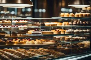 a bakery display case with many different types of pastries. AI-Generated photo