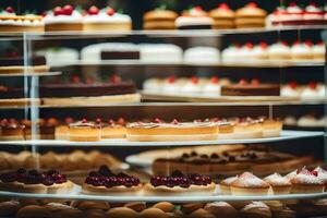 many different types of cakes are on display in a bakery. AI-Generated photo