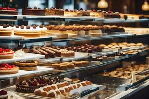 many different types of desserts are on display in a bakery. AI-Generated photo