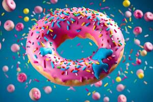 a donut with pink icing and sprinkles is flying in the air. AI-Generated photo