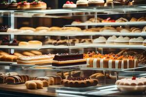 many different types of cakes are on display in a bakery. AI-Generated photo