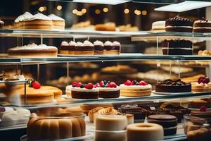 many different types of cakes are on display in a bakery. AI-Generated photo