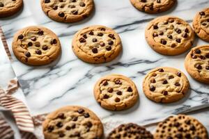 chocolate chip cookies on a marble countertop. AI-Generated photo