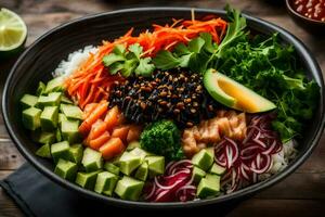 a bowl of sushi with rice, vegetables and avocado. AI-Generated photo